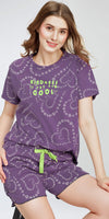 ZEYO Night Suit for Women's Violet Heart Printed Cotton Night Dress of Top and Short's set