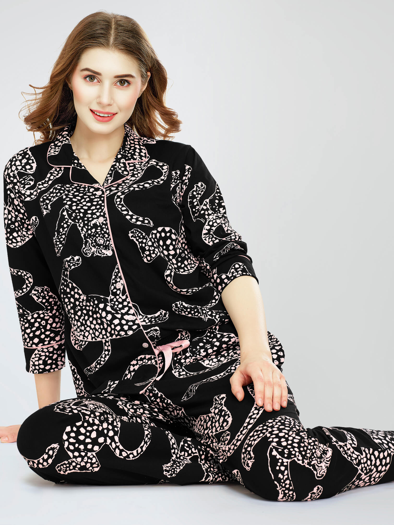 ZEYO Night Suit for Women's Black Leopard Printed Cotton Night Dress of Shirt and Pajama set