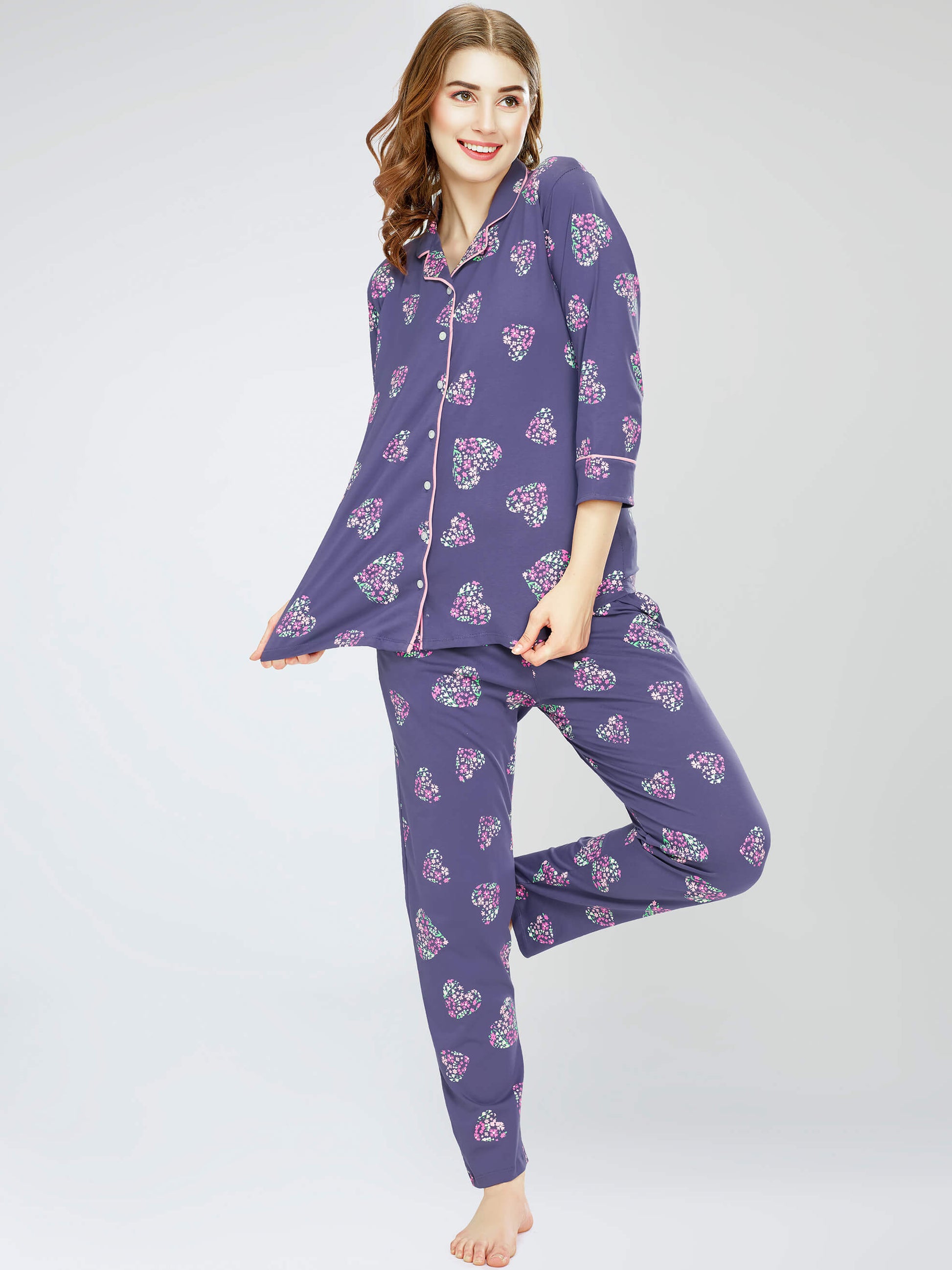night suit set for women night suit dress for women cotton stylish latest top pajama set nightwear cotton pyjama sleeve sleep home wear ladies nursing feeding front open night shirt ZEYO night suit set co ord set for women