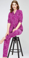 ZEYO Night Suit for Women's Purple Heart Printed Cotton Night Dress of Shirt and Pajama set