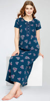ZEYO Women's Cotton Heart & Floral Printed Teal Blue Maxi Long Nighty For Women stylish