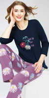 ZEYO Night Suit for Women's Navy Blue Floral Printed Cotton Night Dress of Top and Pajama set