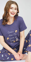 ZEYO Night Suit for Women's Blue Cookies & Cup Printed Cotton Night Dress of Top and Pajama set