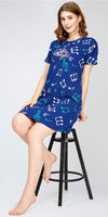 ZEYO Women's Cotton Blue Night Dress Musical Notes Printed Knee Length Night Gown