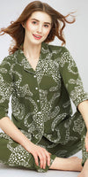 ZEYO Night Suit for Women's Olive Green Leopard Printed Cotton Night Dress of Shirt and Pajama set