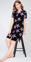 ZEYO Women's Cotton Black Night Dress Star Printed Knee Length Night Gown