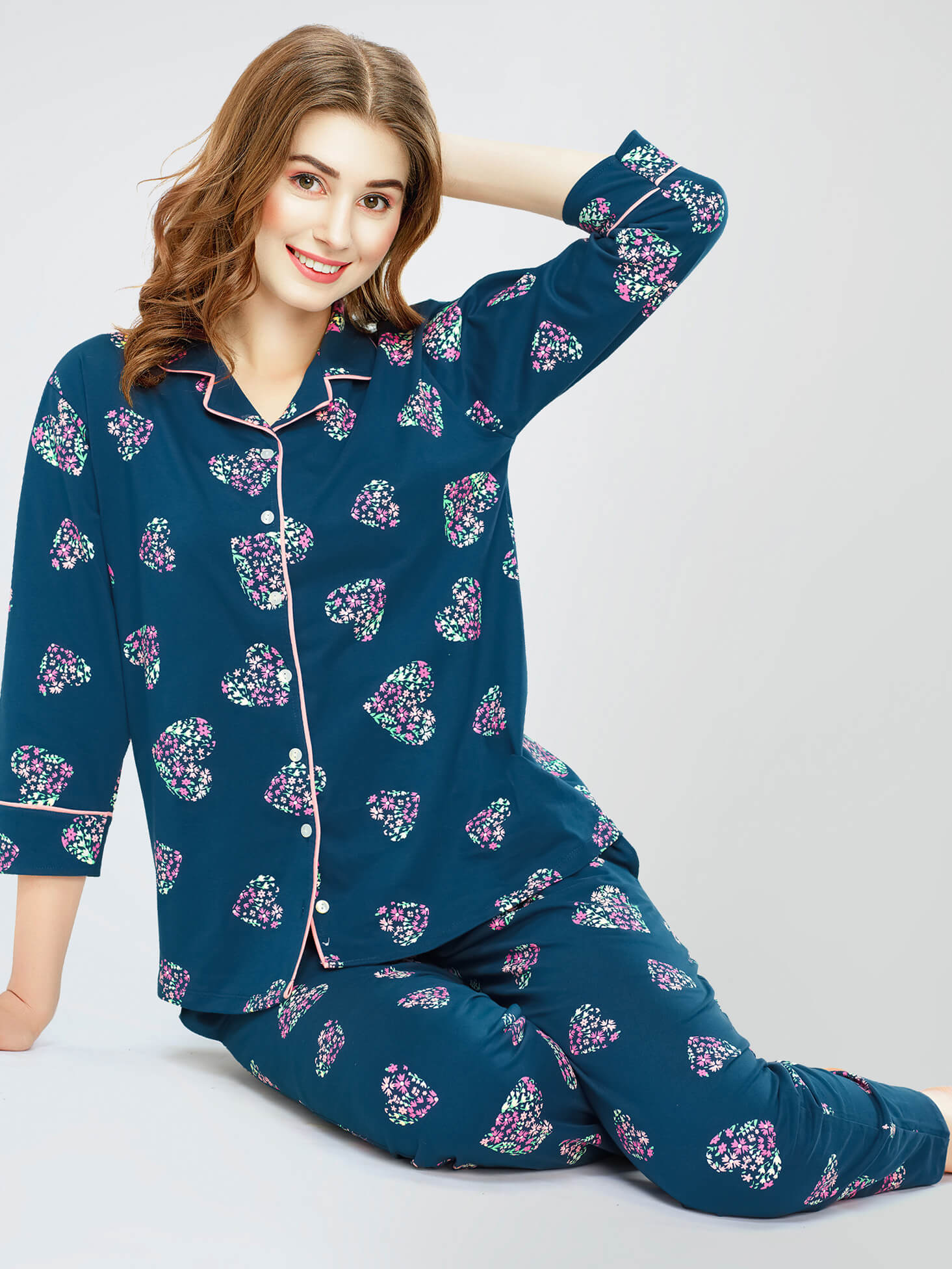 ZEYO Night Suit for Women's Teal Blue Heart Printed Cotton Night Dress