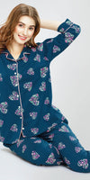 ZEYO Night Suit for Women's Teal Blue Heart Printed Cotton Night Dress of Shirt and Pajama set