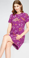 ZEYO Women's Cotton Purple Night Dress Musical Notes Printed Knee Length Night Gown