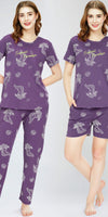 ZEYO Night Suit for Women's Violet Cheetah & Floral Printed Cotton Night Dress of Top,Pajama & Short's 3Pc'S Set
