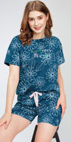 ZEYO Night Suit for Women's Teal Blue Floral Printed Cotton Night Dress of Top and Short's set