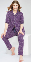 ZEYO Night Suit for Women's Violet Heart Printed Cotton Night Dress of Shirt and Pajama set