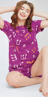ZEYO Night Suit for Women's Purple Musical Note's Printed Cotton Night Dress of Top and Short's set