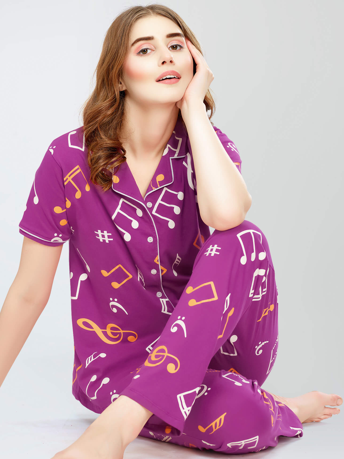 ZEYO Night Suit for Women's Purple Musical Note's Printed Cotton Night  Dress of Shirt and Pajama set