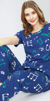 ZEYO Night Suit for Women's Blue Musical Notes Printed Cotton Night Dress of Top and Pajama set