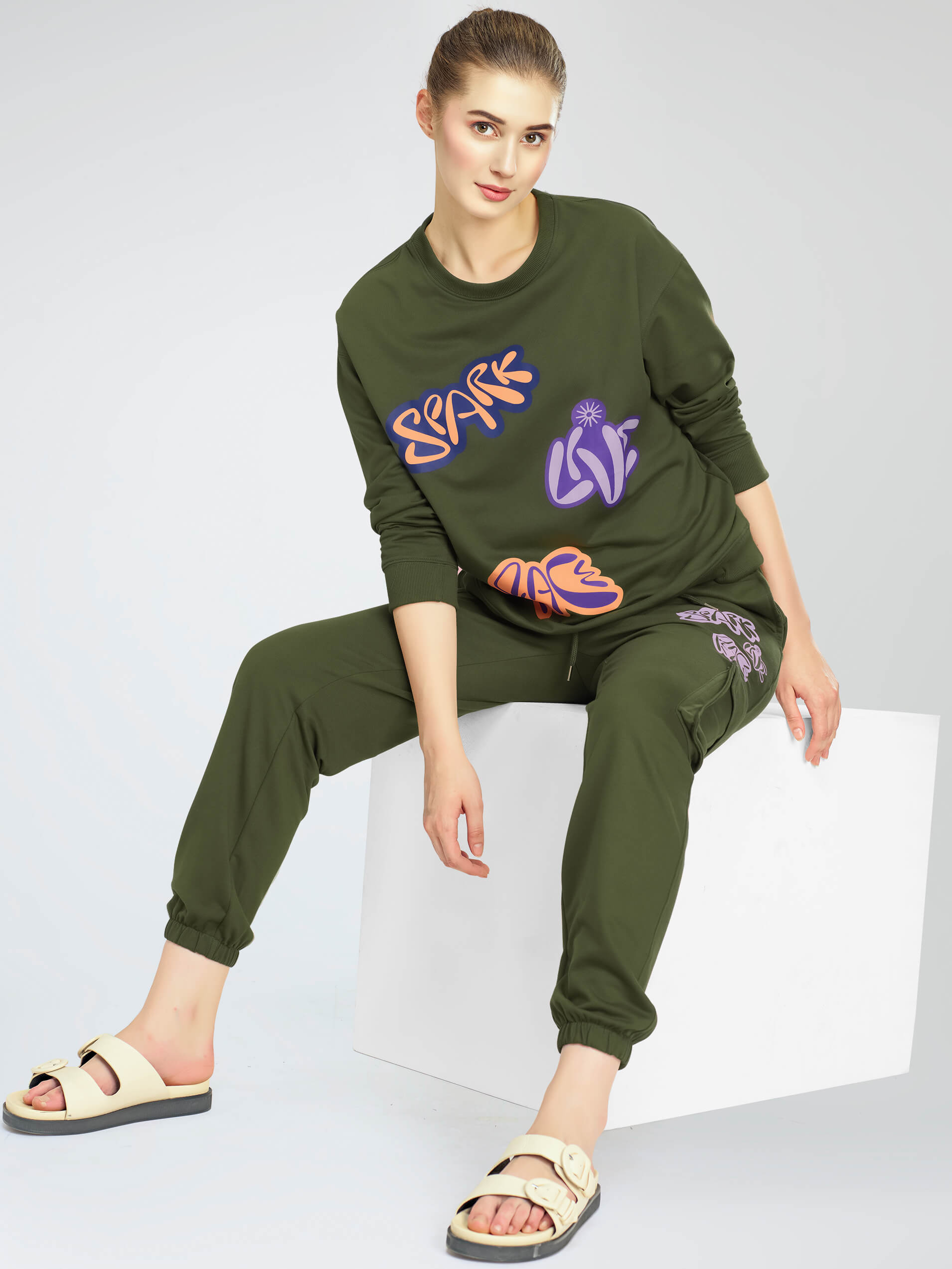 ZEYO Women's Cotton Olive Green Track Suit Typography Printed Sweatshirt  Co-ords set