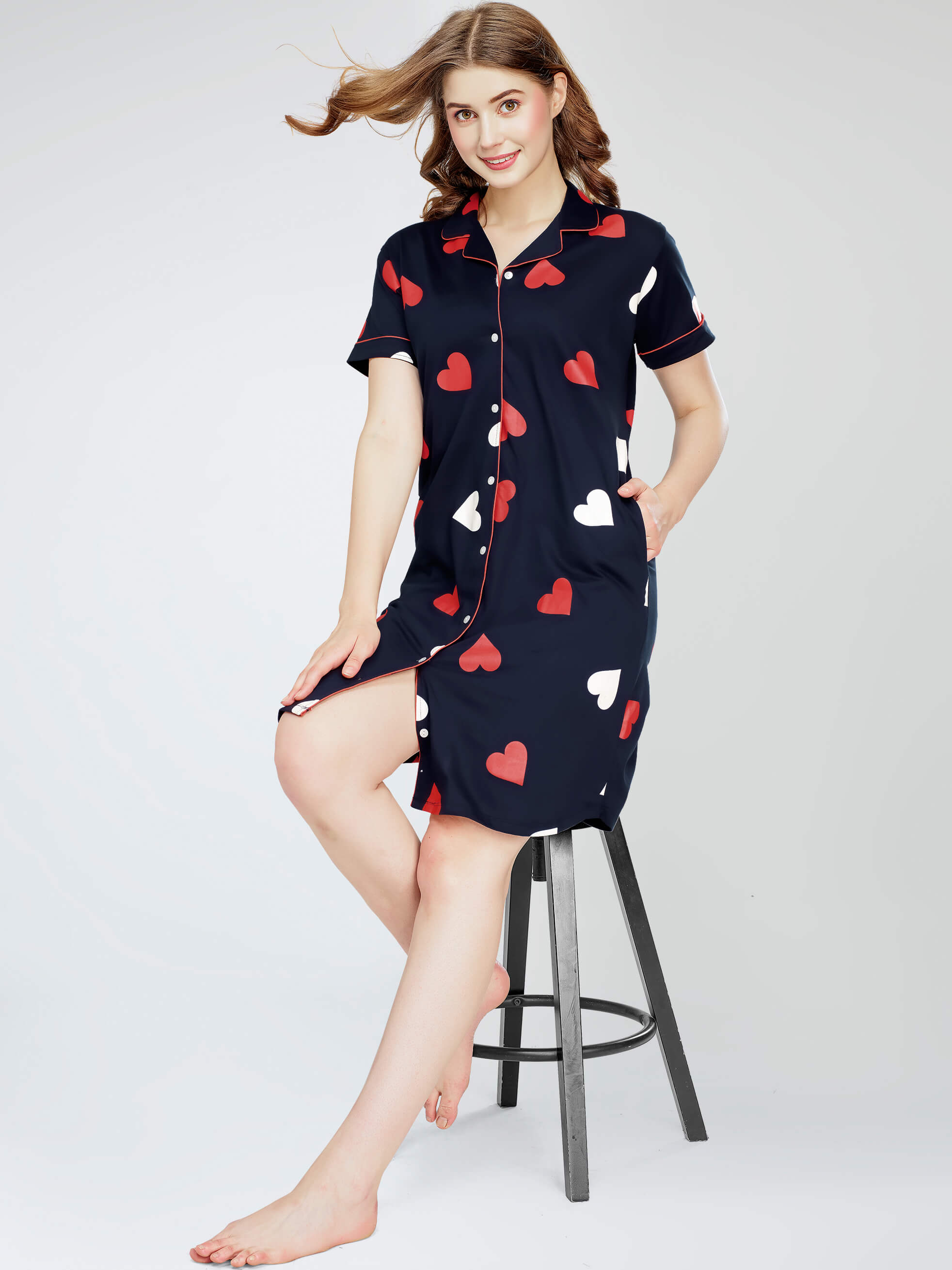 Zeyo Women's Cotton Night Dress - Flash Printed Knee-Length Nightgown, Half Sleeve, Regular Fit