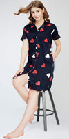 ZEYO Women's Cotton Navy Blue Night Dress Heart Printed Knee Length Night Gown