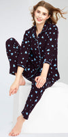 ZEYO Night Suit for Women's Wine Berry Heart Printed Cotton Night Dress of Shirt and Pajama set