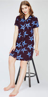 ZEYO Women's Cotton Wineberry Night Dress Star Printed Knee Length Night Gown