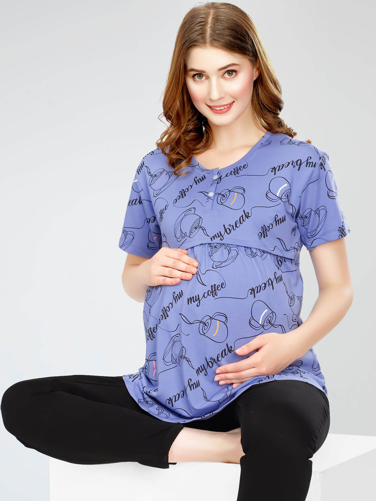 ZEYO Women s Cotton Blue Maternity Top Cup Saucer Printed Feeding T shirt