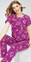 ZEYO Night Suit for Women's Purple Musical Notes Printed Cotton Night Dress of Top and Pajama set