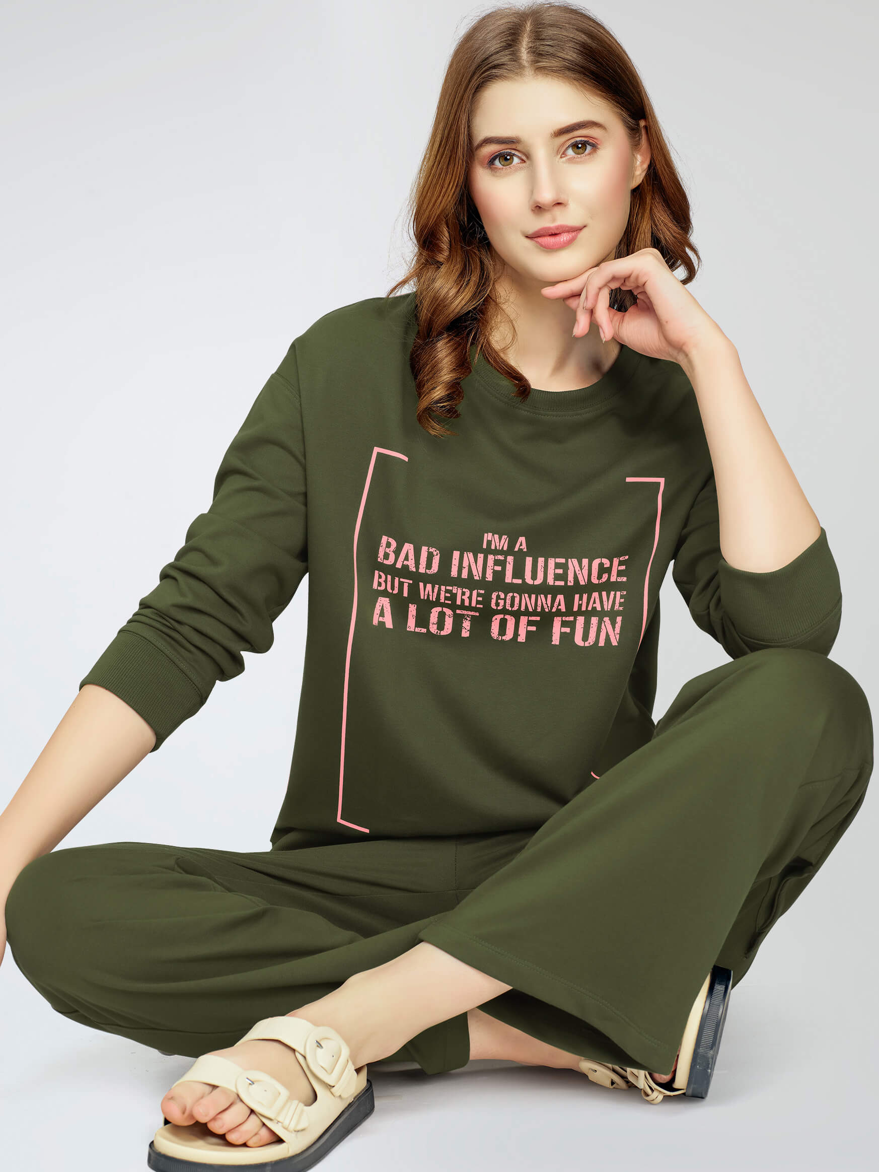 ZEYO Women's Cotton Olive Greeen Track Suit Typography Printed Sweatsh