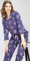 ZEYO Night Suit for Women's Blue Heart Printed Cotton Night Dress of Shirt and Pajama set