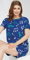 ZEYO Night Suit for Women's Blue Musical Note's Printed Cotton Night Dress of Top and Short's set