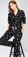 ZEYO Night Suit for Women's Black Heart Printed Cotton Night Dress of Shirt and Pajama set