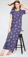 ZEYO Women's Cotton Heart & Floral Printed Blue Maxi Long Nighty For Women stylish