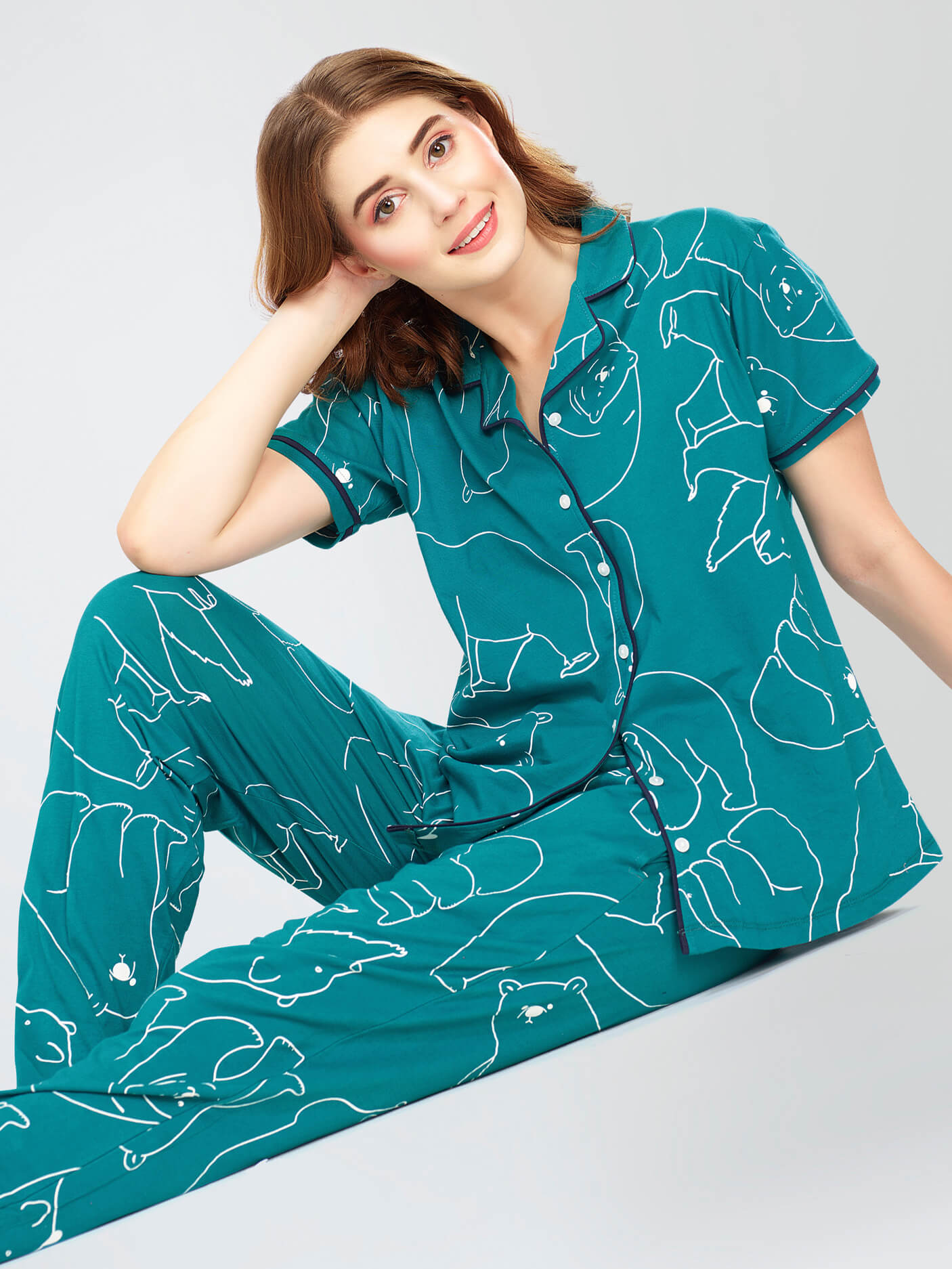 ZEYO Night Suit for Women s Teal Green Polar bear Printed Cotton Night Dress of Shirt and Pajama set