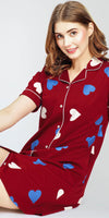 ZEYO Women's Cotton Maroon Night Dress Heart Printed Knee Length Night Gown