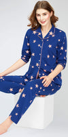ZEYO Night Suit for Women's Blue Star Printed Cotton Night Dress of Shirt and Pajama set