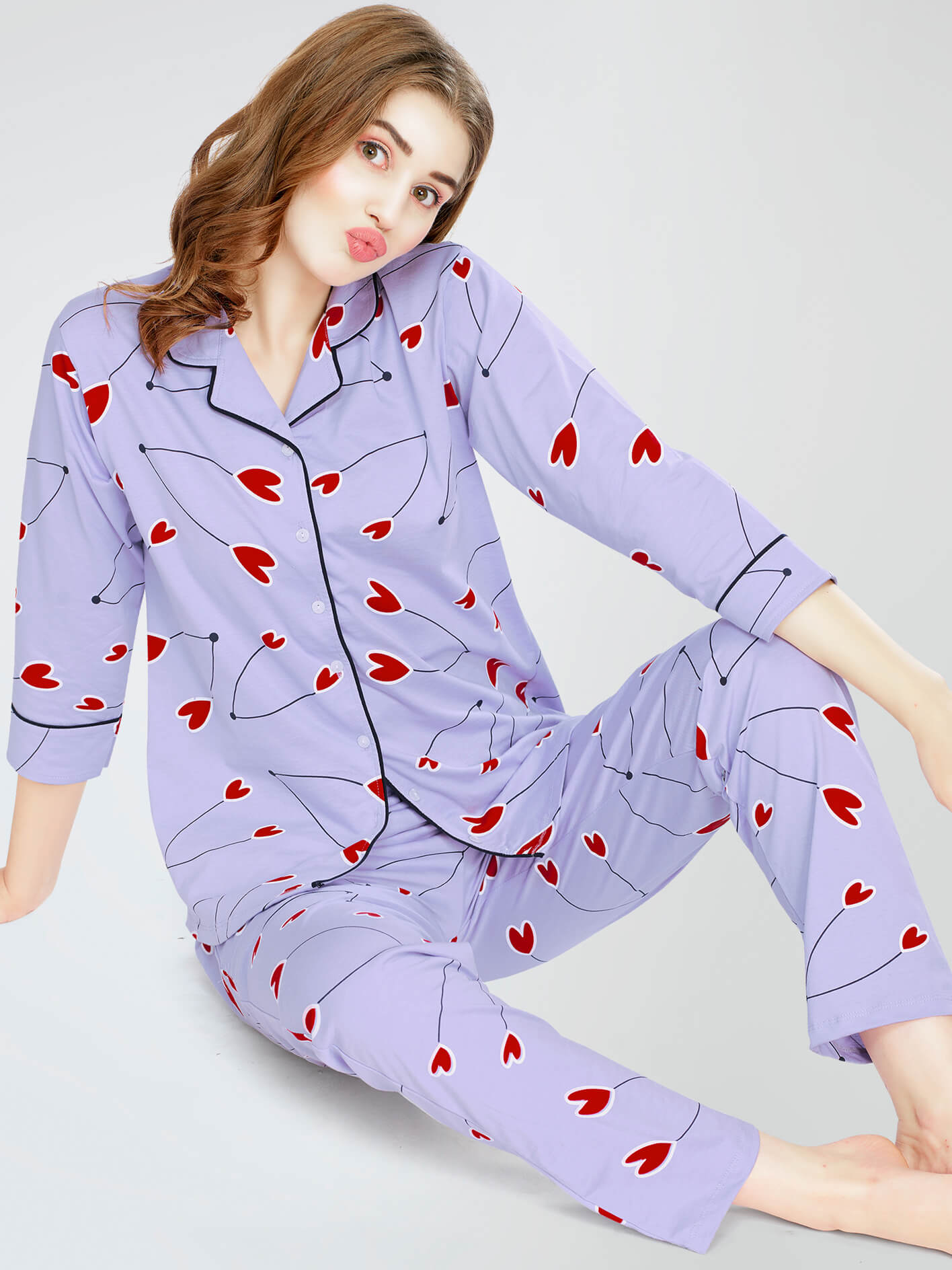 ZEYO Night Suit for Women's Lavender Heart Printed Cotton Night Dress of Shirt and Pajama set ZEYO Night Suit for Women's Lavender Heart Printed Cotton Night Dress of Shirt and Pajama set