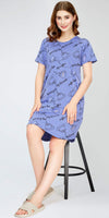 ZEYO Women's Cotton Blue Night Dress Cup & Saucer Printed Knee Length Night Gown