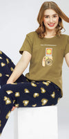 ZEYO Night Suit for Women's Mustard Green Heart Printed Cotton Night Dress of Top and Pajama set