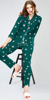 ZEYO Night Suit for Women's Teal Green Star Printed Cotton Night Dress of Shirt and Pajama set