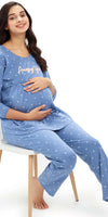 ZEYO Women Cotton  Blue Heart Print Maternity & Feeding Night Suit