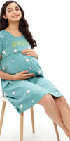 ZEYO Women Cotton Green Star Print Maternity & Feeding Night Dress