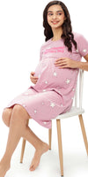 ZEYO Women Cotton Lavender Star Print Maternity & Feeding Night Dress