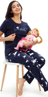ZEYO Women Cotton Navy Blue Swan Print Nursing & Feeding Night Suit