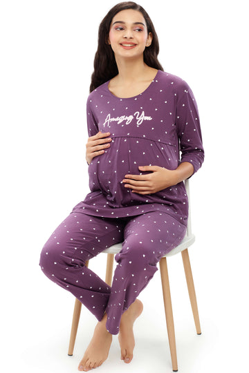 ZEYO Women Cotton  Purple Heart Print Maternity & Feeding Night Suit