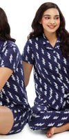 ZEYO Women's Cotton 3PCS Blue Flash Printed Night suit set