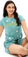 ZEYO Women's Cotton Green Star Printed Shorts Set