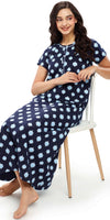 ZEYO Womens Cotton Navy Blue Leaf Printed Stylish Maxi Night Dress Nighty