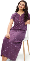ZEYO Womens Cotton Purple Heart Printed Stylish Maxi Night Dress Nighty