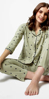 Zeyo Women Green Heart print Stylish Night suit set