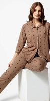 Zeyo Women Brown Heart print Stylish Night suit set