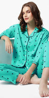 Zeyo Women Teal Heart print Stylish Night suit set